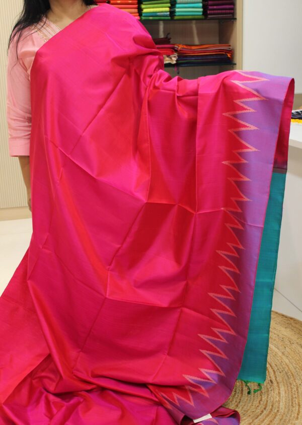 Ikkat Green & Fuchsia Pink Temple Border Pure Handloom Soft Silk Saree