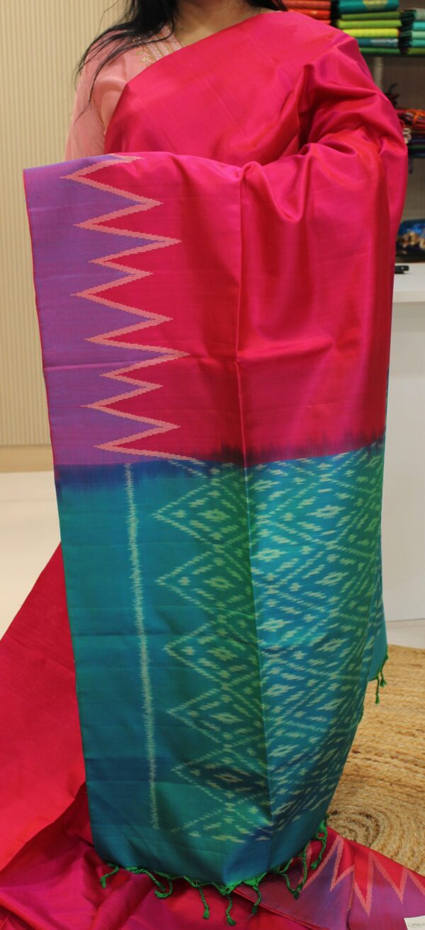 Ikkat Green & Fuchsia Pink Temple Border Pure Handloom Soft Silk Saree - Image 2