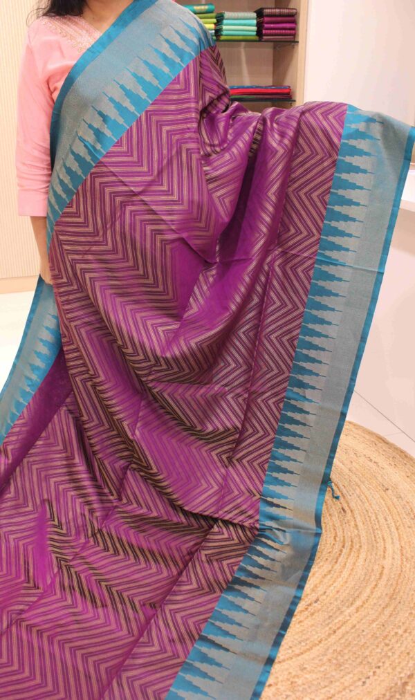 Purple & Ananda Blue Temple Border Pure Handloom Soft Silk Saree