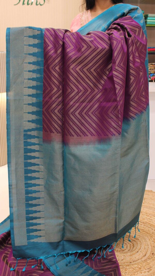 Purple & Ananda Blue Temple Border Pure Handloom Soft Silk Saree - Image 2