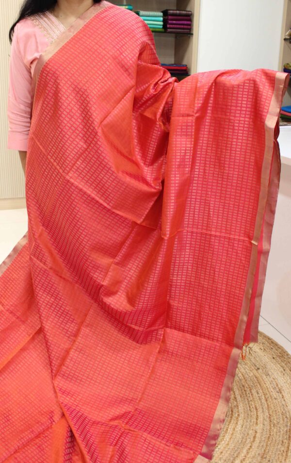 Pinkish Orange with Tissue Border Zari Buttas Pure Handloom Soft Silk Saree - Image 3