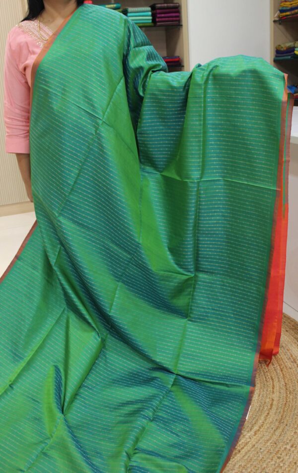 Green & Orange Zari Vertical Stripes Pure Handloom Soft Silk Saree