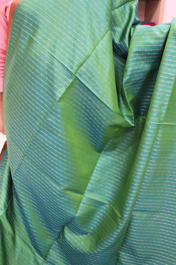 Green & Orange Zari Vertical Stripes Pure Handloom Soft Silk Saree - Image 2