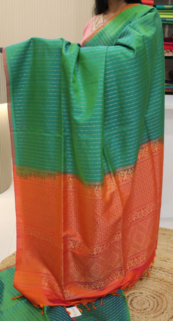 Green & Orange Zari Vertical Stripes Pure Handloom Soft Silk Saree - Image 3