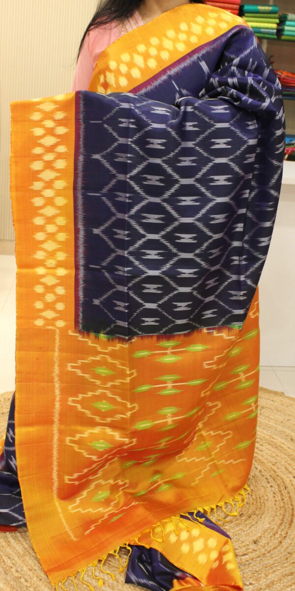Ikkat Navy Blue & Mustard Pure Handloom Soft Silk Saree