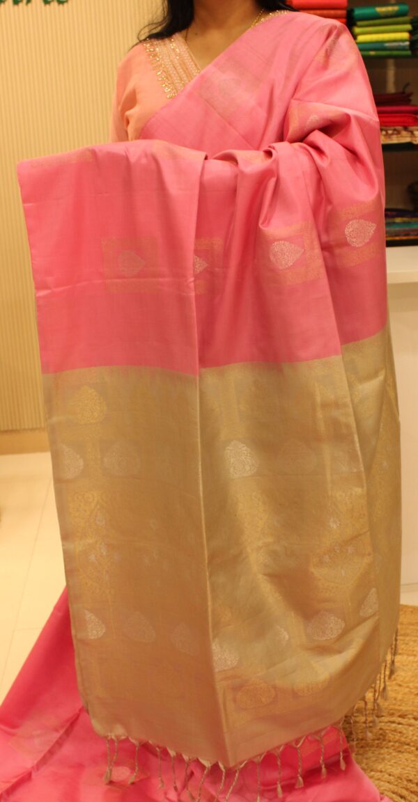 Baby Pink & Grey with Zari Buttas Pure Soft Silk Saree