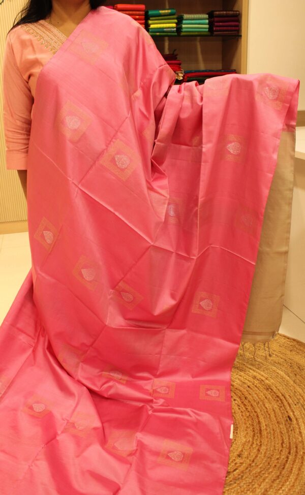 Baby Pink & Grey with Zari Buttas Pure Soft Silk Saree - Image 2