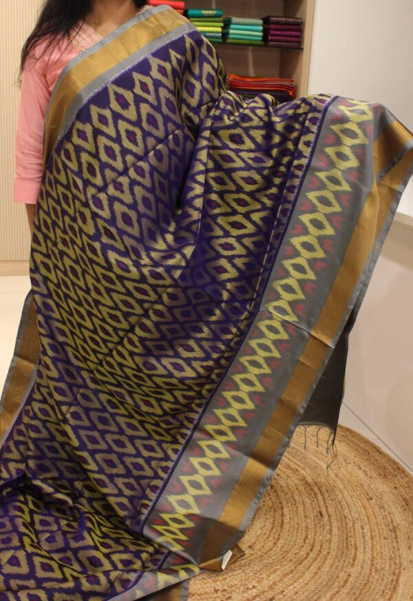 Ikkat Indigo & Grey Tissue Border Pure Handloom Soft Silk Saree