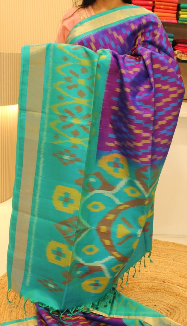 Ikkat Purple & Rama Green Tissue Border Pure Handloom Soft Silk Saree