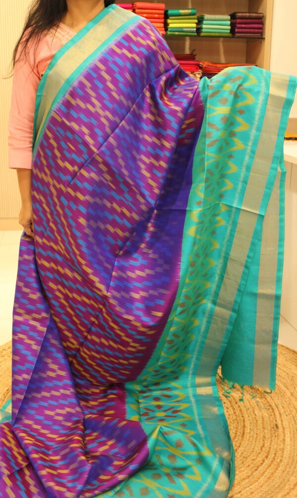 Ikkat Purple & Rama Green Tissue Border Pure Handloom Soft Silk Saree - Image 2
