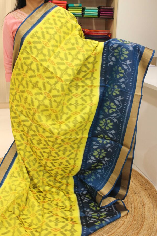 Ikkat Yellow & Peacock Blue Tissue Border Pure Handloom Soft Silk Saree