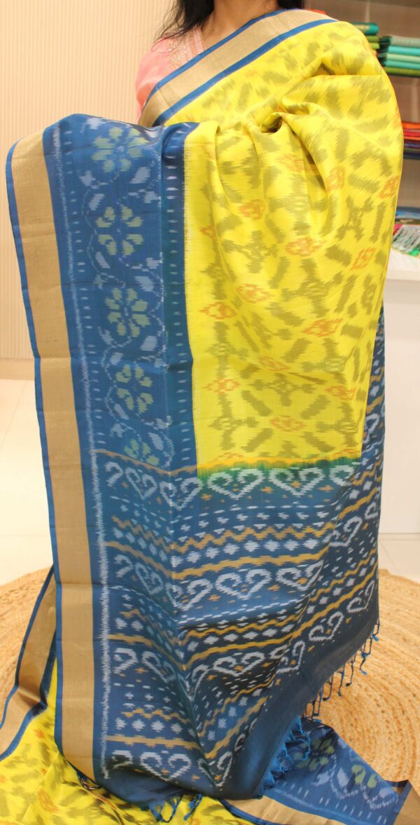 Ikkat Yellow & Peacock Blue Tissue Border Pure Handloom Soft Silk Saree - Image 2