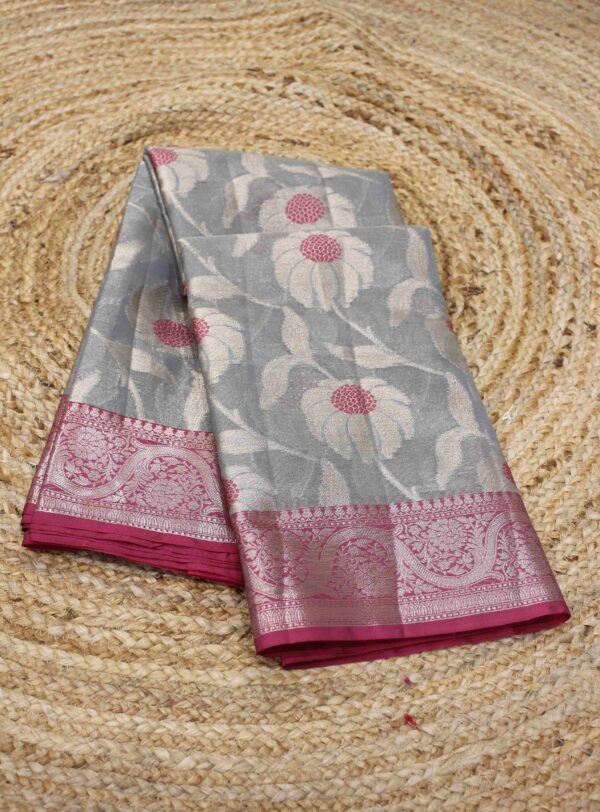 Zari Floral Meenakari Semi Banaras Silk Saree - Image 3