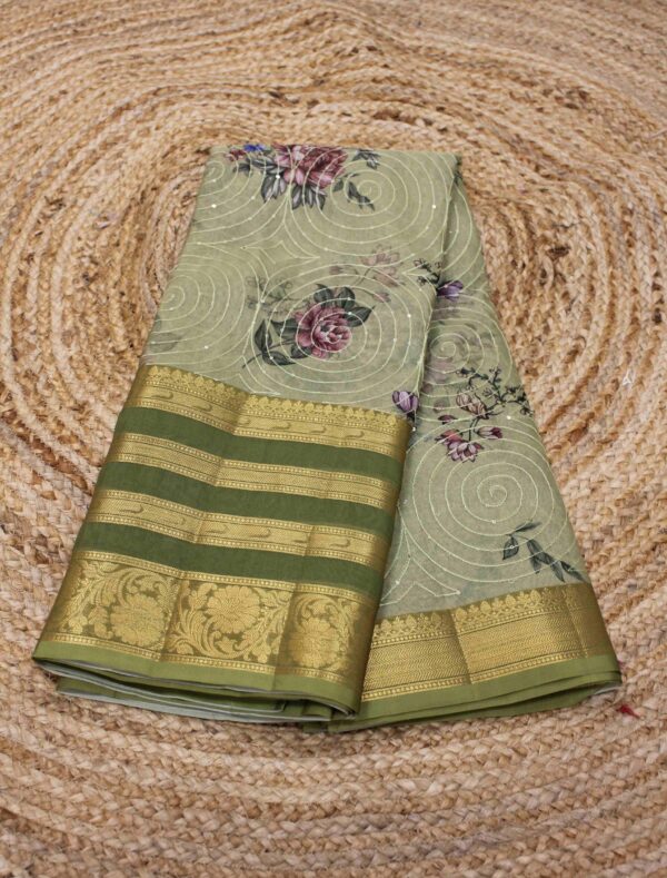 Mehendi Green Big Border Printed Dola Silk Saree