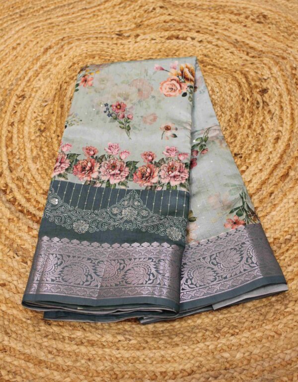 Teal Floral Prints with Sequence Dola Silk Saree