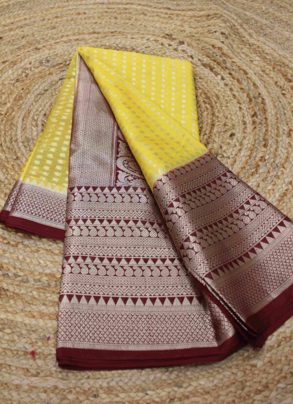 Yellow and Maroon Mango Buttas Banaras Warm Silk Saree