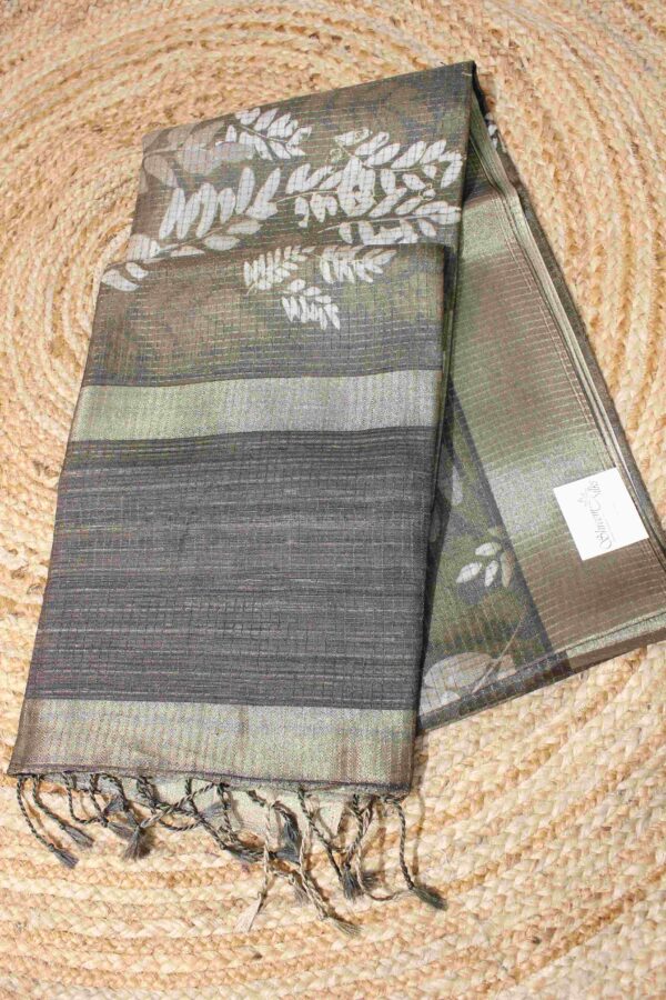 Zari Checks with Printed Leaves Motif Tissue Saree