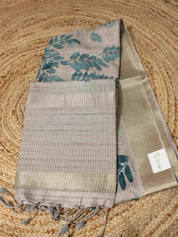 Zari Checks with Printed Leaves Motif Tissue Saree - Image 2