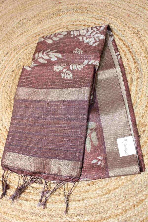 Zari Checks with Printed Leaves Motif Tissue Saree - Image 4