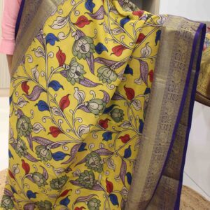 Mustard & Blue Floral Pen Kalamkari Hand Painted Pure Kanchi Silk Saree