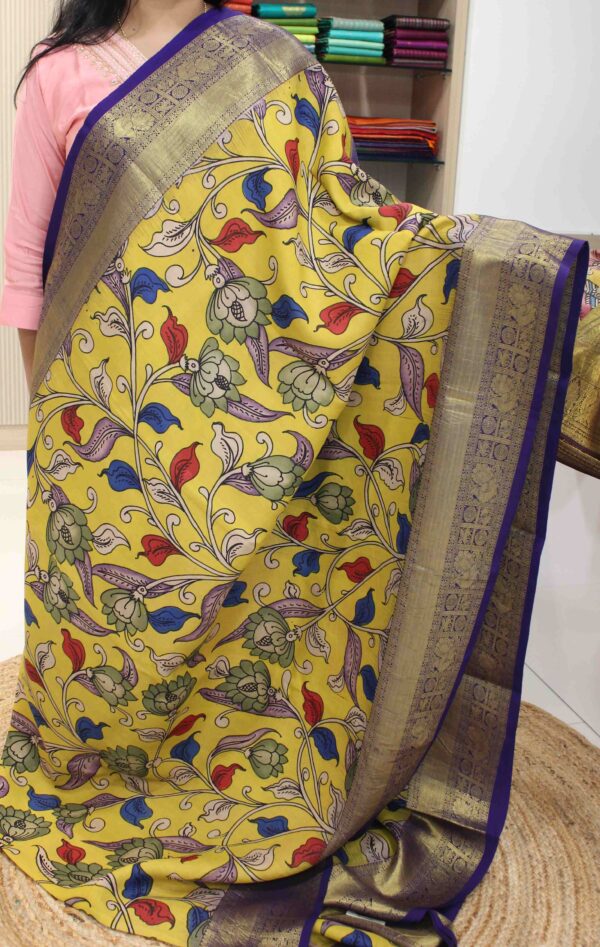 Mustard & Blue Floral Pen Kalamkari Hand Painted Pure Kanchi Silk Saree