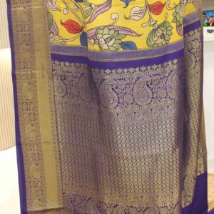 Alternative view of Mustard & Blue Floral Pen Kalamkari Hand Painted Pure Kanchi Silk Saree