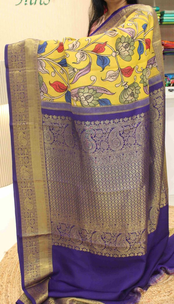 Mustard & Blue Floral Pen Kalamkari Hand Painted Pure Kanchi Silk Saree - Image 2