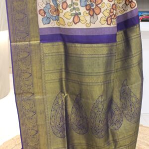Alternative view of Beige & Blue Floral Pen Kalamkari Hand Painted Pure Kanchi Silk Saree
