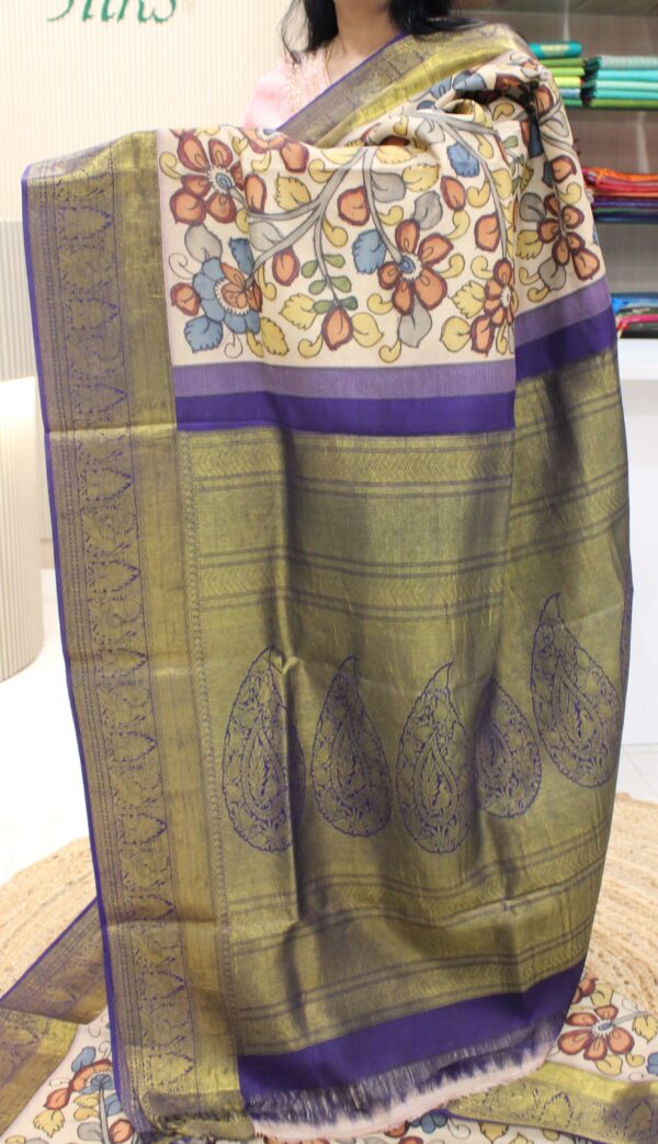 Beige & Blue Floral Pen Kalamkari Hand Painted Pure Kanchi Silk Saree - Image 2