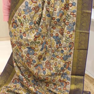 Beige & Blue Floral Pen Kalamkari Hand Painted Pure Kanchi Silk Saree