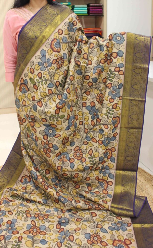 Beige & Blue Floral Pen Kalamkari Hand Painted Pure Kanchi Silk Saree