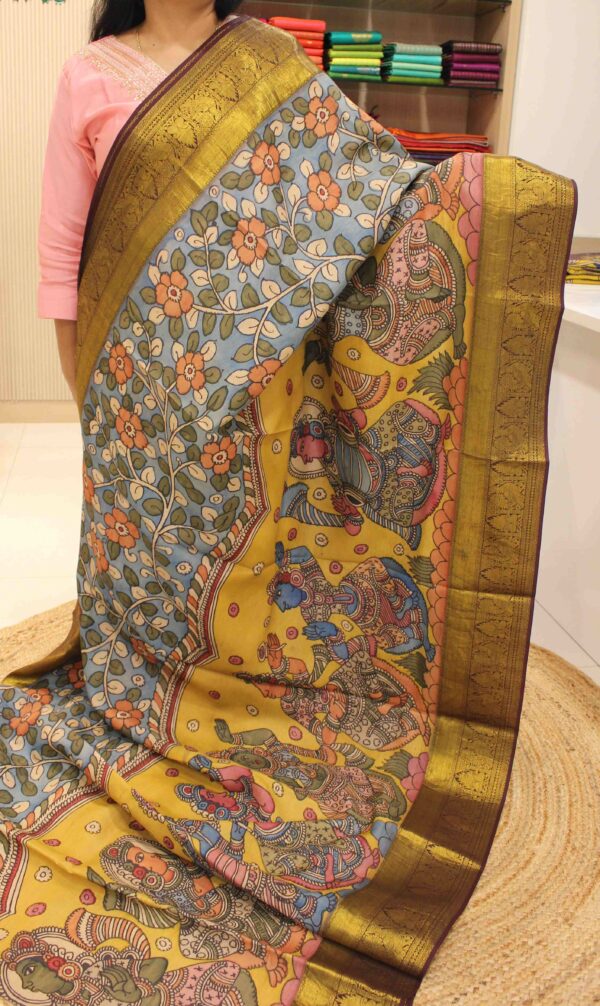 Mustard & Wine Dancing Dolls Pen Kalamkari Hand Painted Pure Kanchi Silk Saree