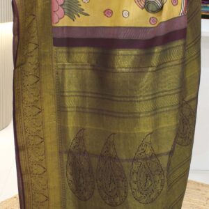 Alternative view of Mustard & Wine Dancing Dolls Pen Kalamkari Hand Painted Pure Kanchi Silk Saree