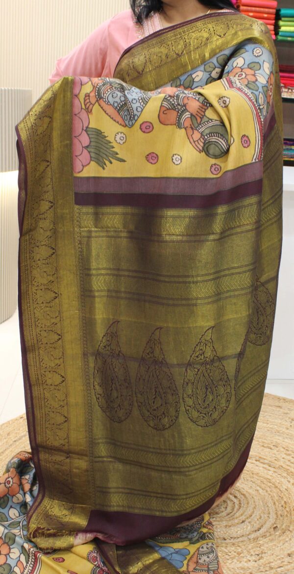 Mustard & Wine Dancing Dolls Pen Kalamkari Hand Painted Pure Kanchi Silk Saree - Image 2