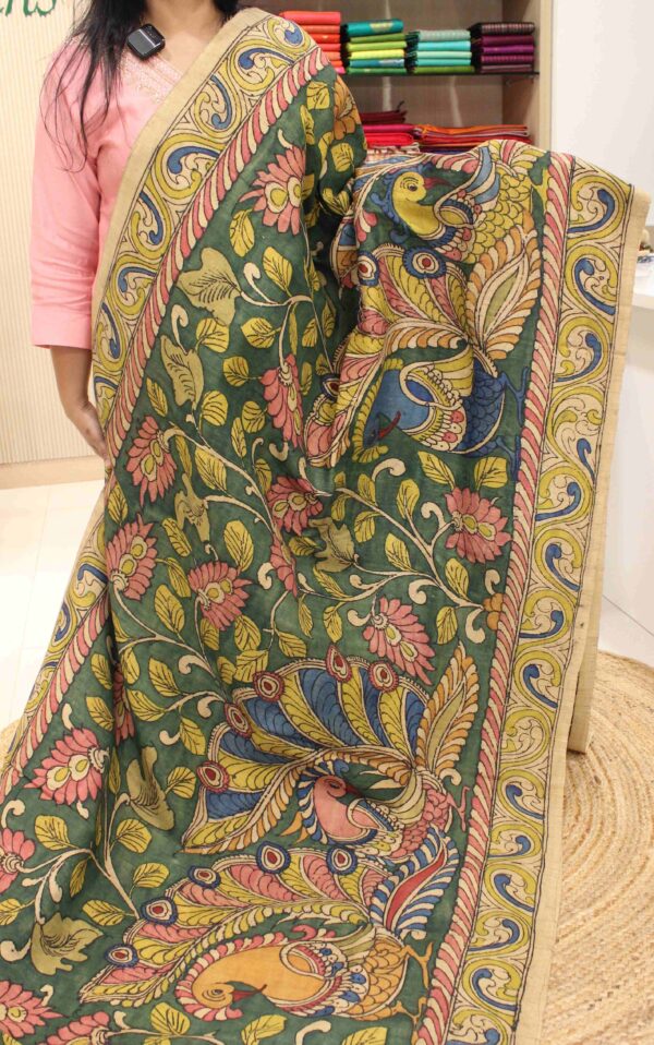 Green & Chickoo Peacock Motifs Pen Kalamkari Hand Painted Pure Tussar Silk Saree