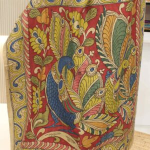 Alternative view of Green & Chickoo Peacock Motifs Pen Kalamkari Hand Painted Pure Tussar Silk Saree