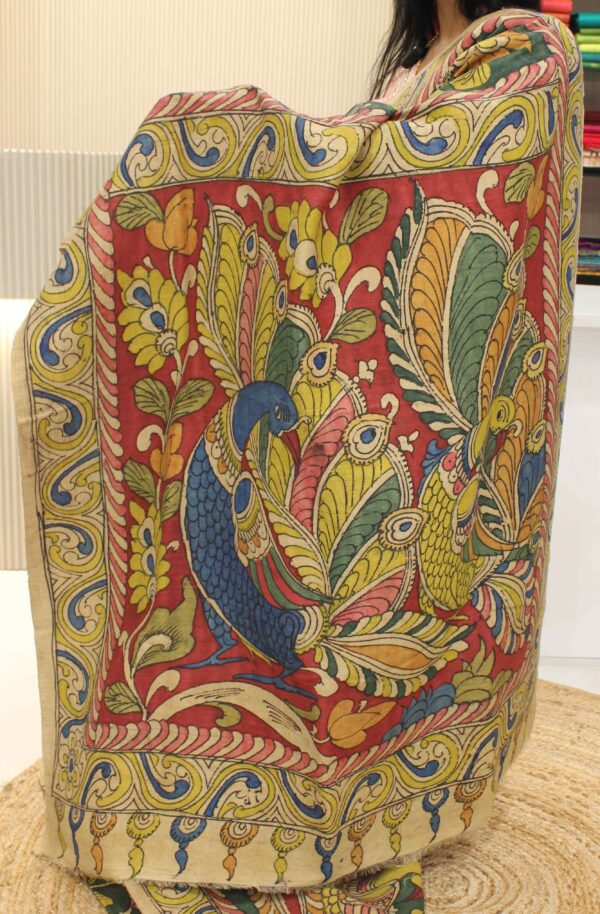 Green & Chickoo Peacock Motifs Pen Kalamkari Hand Painted Pure Tussar Silk Saree - Image 2