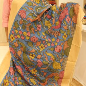 Alternative view of Blue with Floral Pen Kalamkari Hand Painted Pure Uppada Silk Saree
