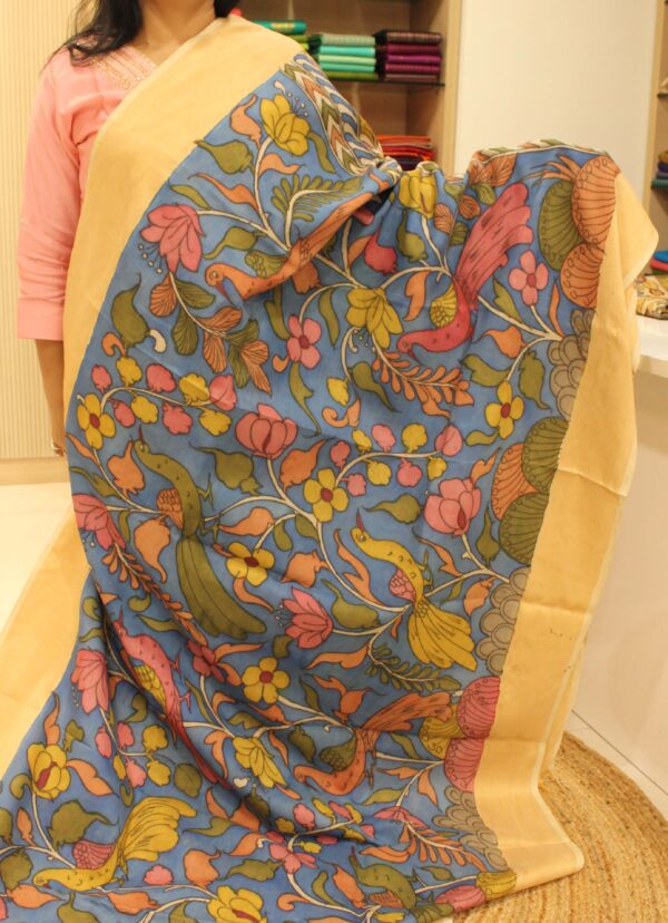 Blue with Floral Pen Kalamkari Hand Painted Pure Uppada Silk Saree - Image 2