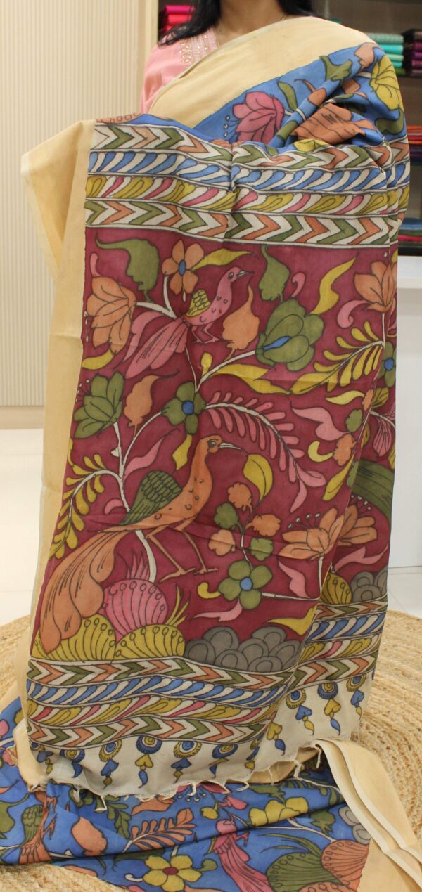 Blue with Floral Pen Kalamkari Hand Painted Pure Uppada Silk Saree