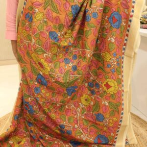 Orange with Floral Pen Kalamkari Hand Painted Pure Mangalgiri Silk Cotton Saree