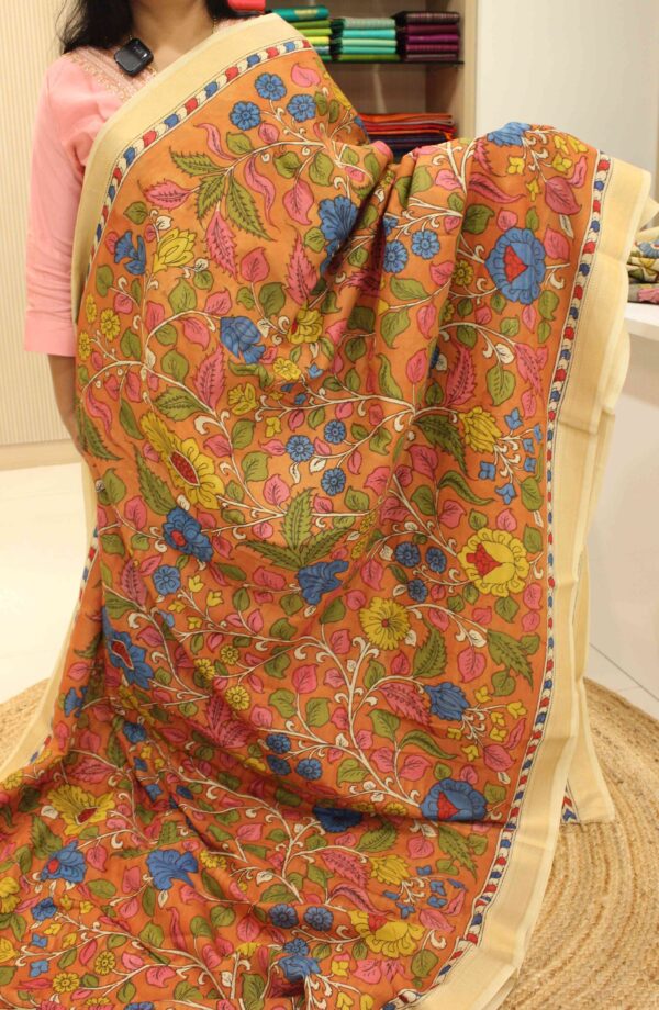 Orange with Floral Pen Kalamkari Hand Painted Pure Mangalgiri Silk Cotton Saree