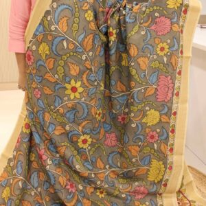 Grey with Floral Pen Kalamkari Hand Painted Pure Mangalgiri Silk Cotton Saree