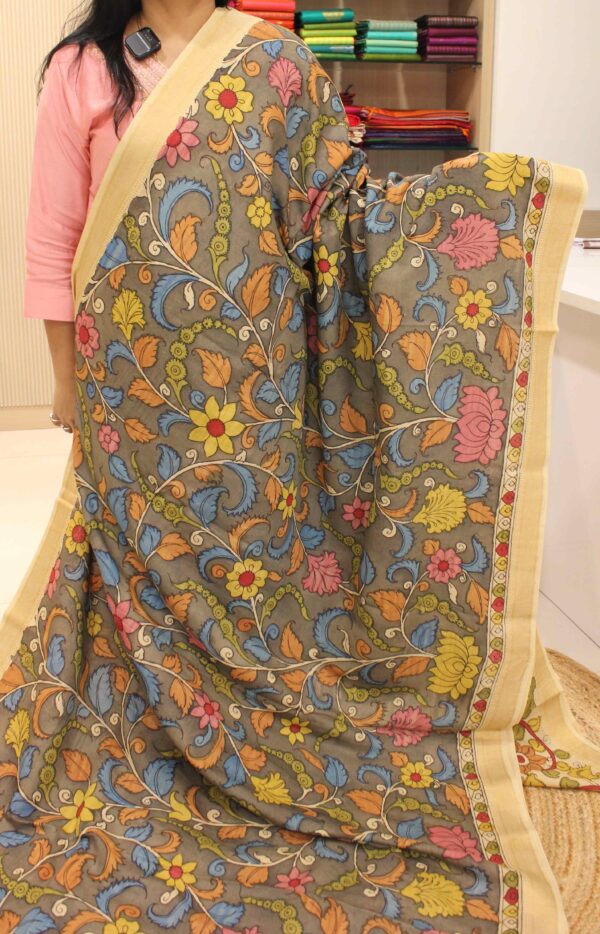 Grey with Floral Pen Kalamkari Hand Painted Pure Mangalgiri Silk Cotton Saree