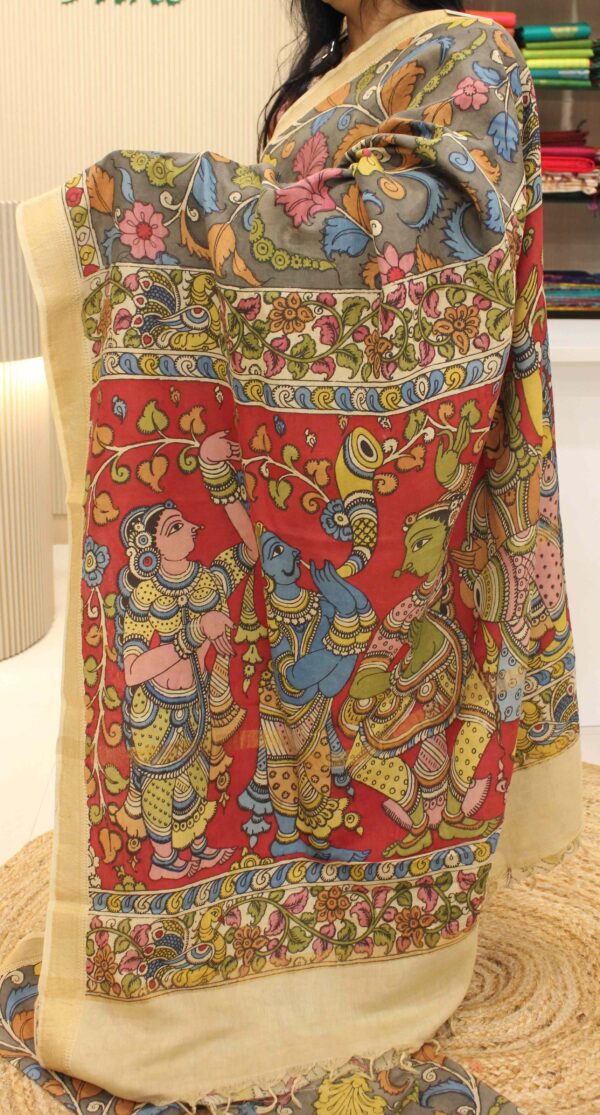 Grey with Floral Pen Kalamkari Hand Painted Pure Mangalgiri Silk Cotton Saree - Image 2