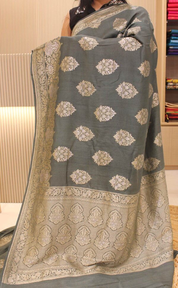 Zari Butta Pure Tussar Georgette Banaras Saree - Image 2