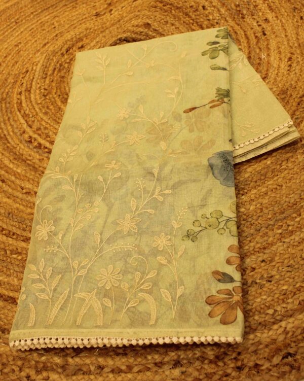 Floral Print & Embroidered Kota Silk Tissue Saree - Image 3