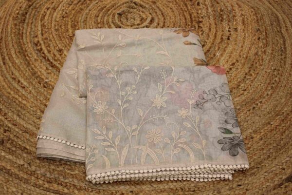 Floral Print & Embroidered Kota Silk Tissue Saree - Image 5