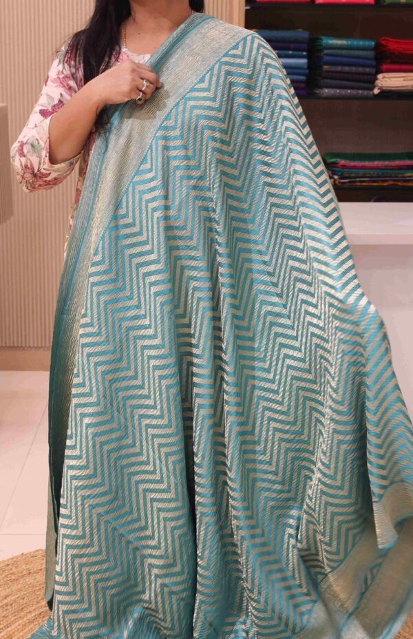 Aqua Blue Leheriya Pattern Crush Crepe Pure Banaras Saree - Image 2