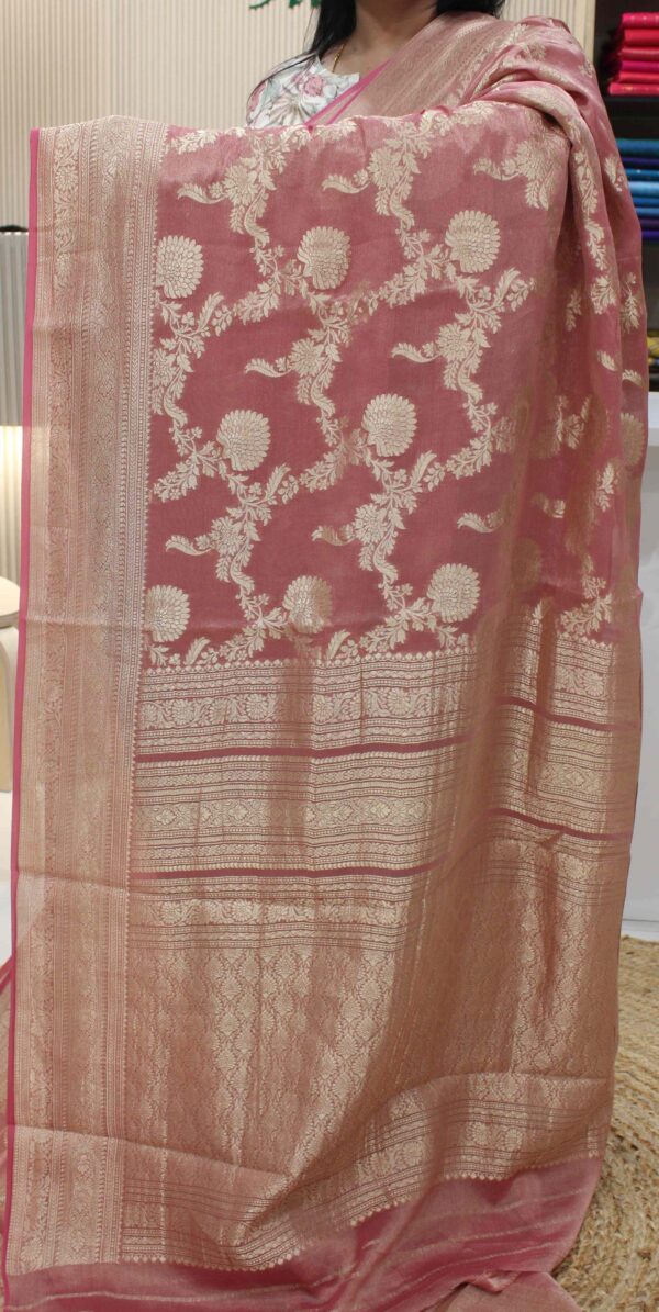 Zari Jaal Woven Tissue Georgette Pure Banaras Saree - Image 5